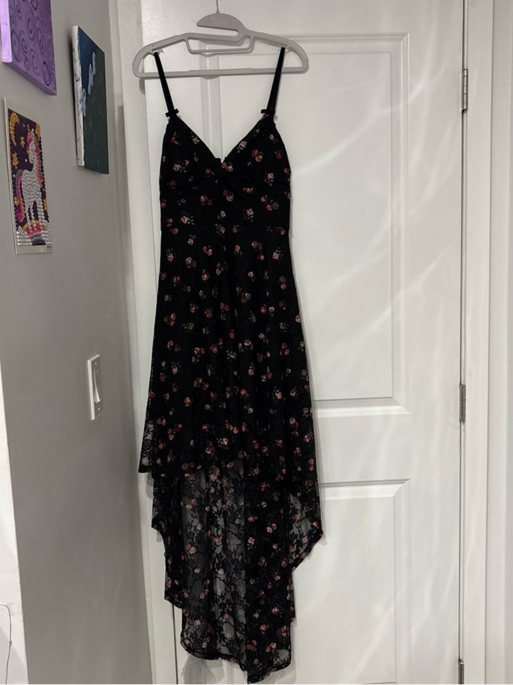 Disney Black Floral Hi-Low Slip Dress with Pink Accents